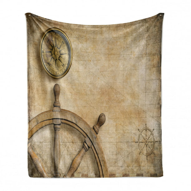 70 x 90 Ambesonne Nautical Soft Flannel Fleece Throw Blanket Beige Steering Wheel Compass Vintage Map Setting Captain's Chamber Finding Treasure Print Cozy Plush for Indoor and Outdoor Use 